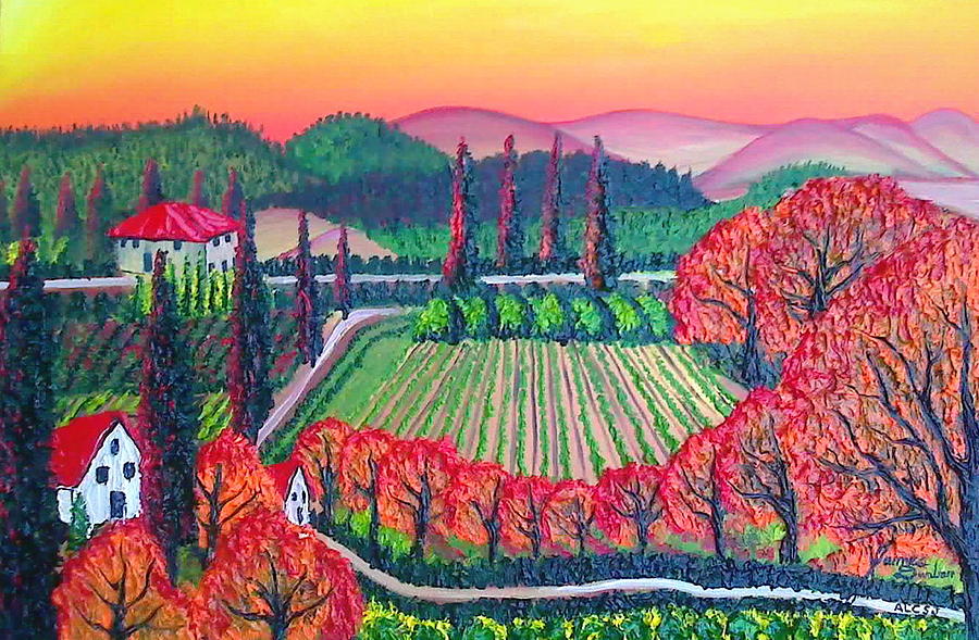 Tuscan Vineyard AT Sunset #1 Painting by James Dunbar