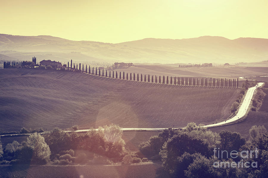 Tuscany fields and valleys autumn landscape, Italy. Sunset, vintage light #1 Photograph by Michal Bednarek