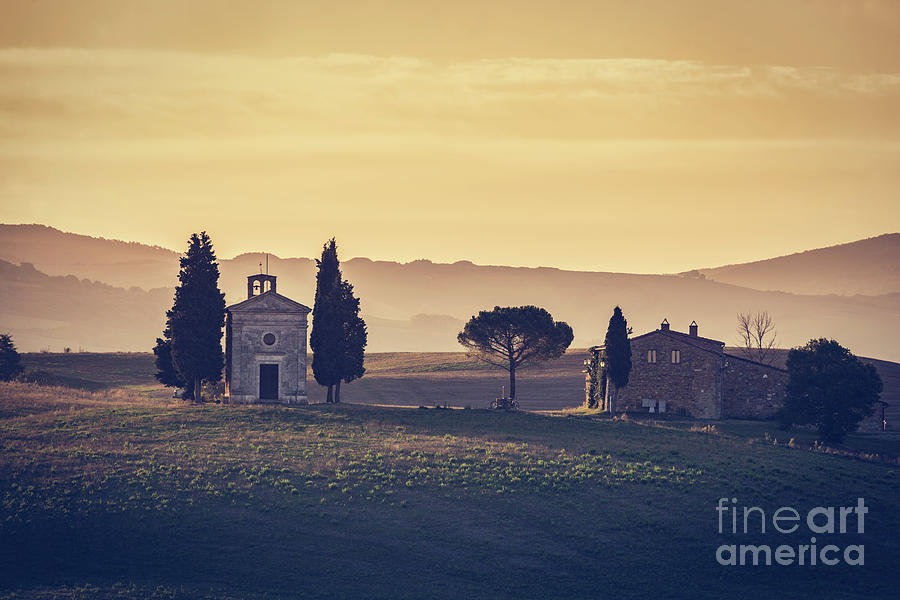 Tuscany landscape at sunrise. Chapel of Madonna di Vitaleta, San Quirico dOrcia, Italy #1 Photograph by Michal Bednarek