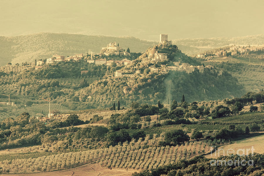 Tuscany landscape with ancient castle, vineyard and green hills, Italy. Vintage #1 Photograph by Michal Bednarek