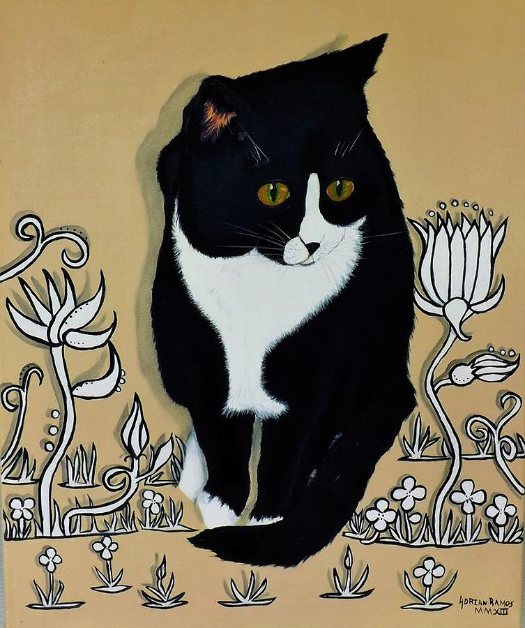 Black And White Painting - Tuxedo Cat #1 by Adrian Ramos