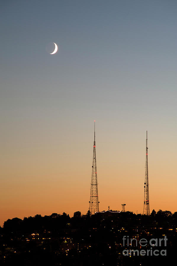 TV towers at Sunset with Crescent Moon  #1 Photograph by Jim Corwin