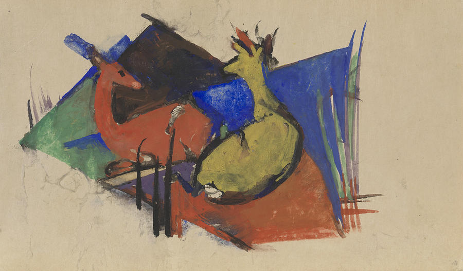 Two Deer Lying Down #1 Drawing by Franz Marc