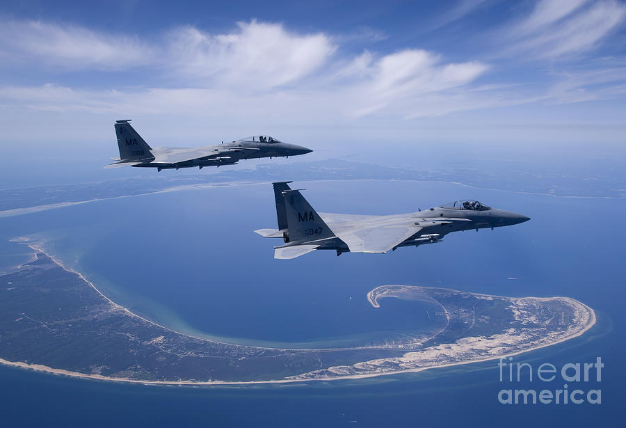 Nature Photograph - Two F-15 Eagles Fly High Over Cape Cod #1 by HIGH-G Productions