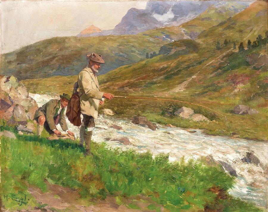 Two fishermen on mountain #1 Painting by Hugo Engl