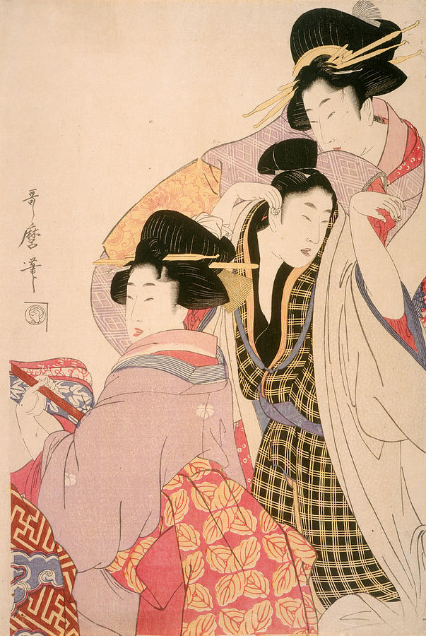 Two Geishas and a Tipsy Client #1 Drawing by Kitagawa Utamaro