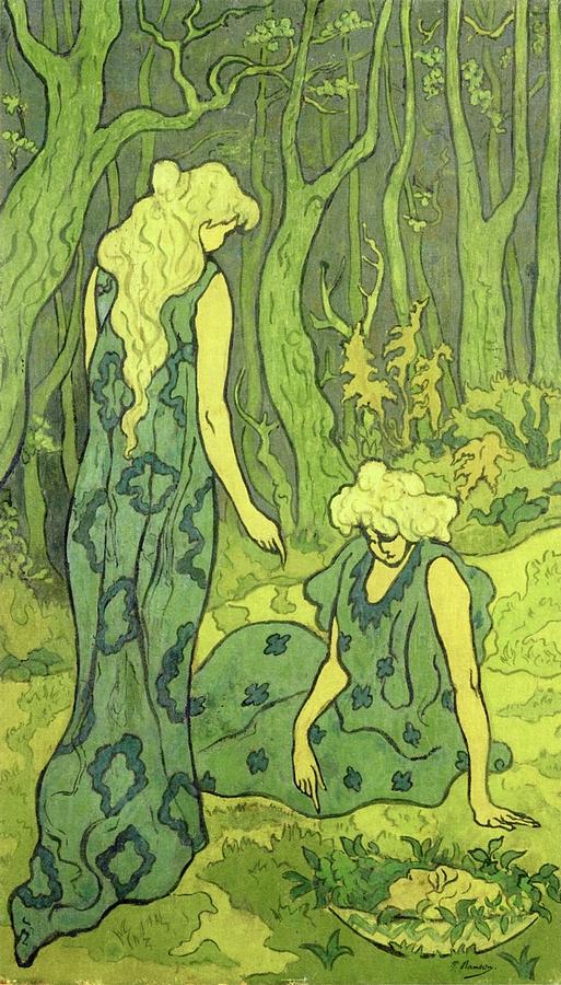 Two Girls Next To The Head Of Orpheus #1 Painting by Paul Ranson