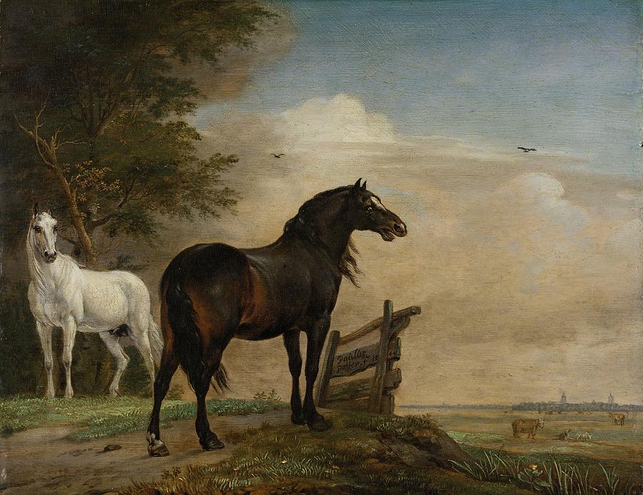 Two Horses In A Meadow Near A Gate, Painting by Paulus Potter - Fine ...