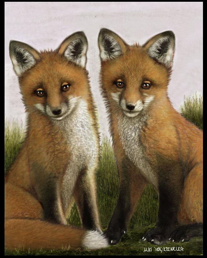 Two Little Fox Kits Drawing by Miki Krenelka