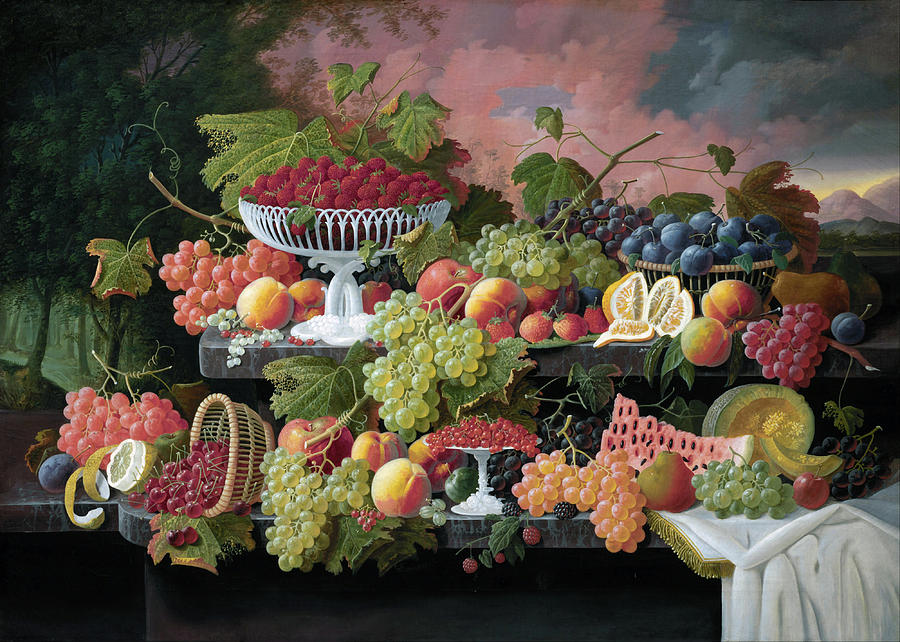 Two Tiered Still Life with Fruit and Sunset Landscape #1 Painting by Severin Roesen