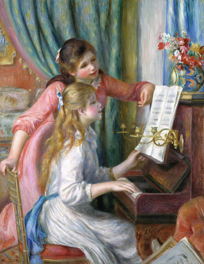 Two Young Girls at the Piano #1 Painting by MotionAge Designs