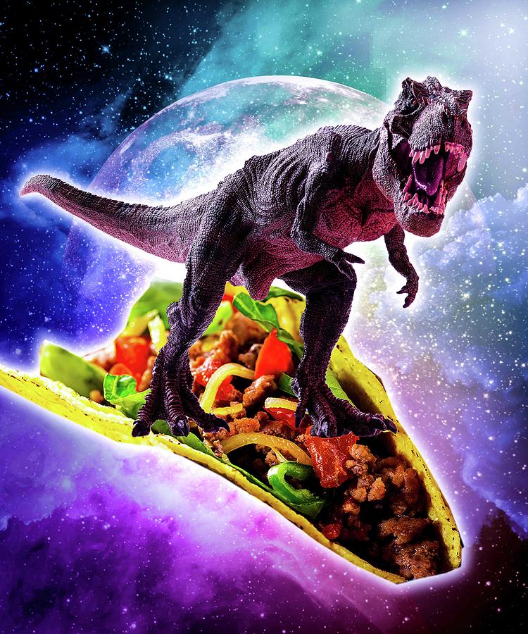 Tyrannosaurus Rex Dinosaur Riding Taco In Space Digital Art by Random ...