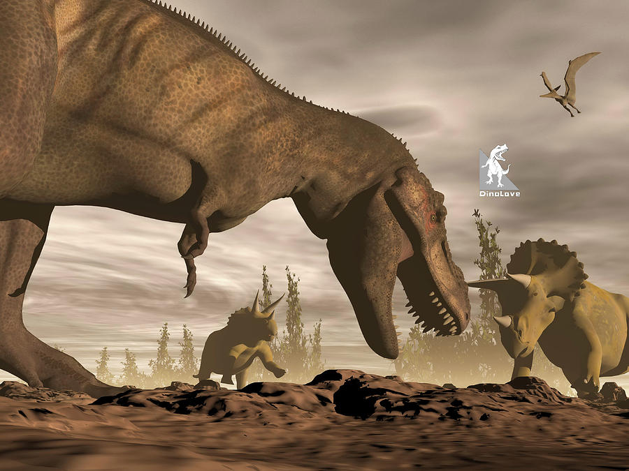 Tyrannosaurus roaring at triceratops - 3D render by Elenarts - Elena Duvernay Digital Art Tyrannosaurus roaring at triceratops - 3D render by Elenarts - Elena Duvernay Digital Art