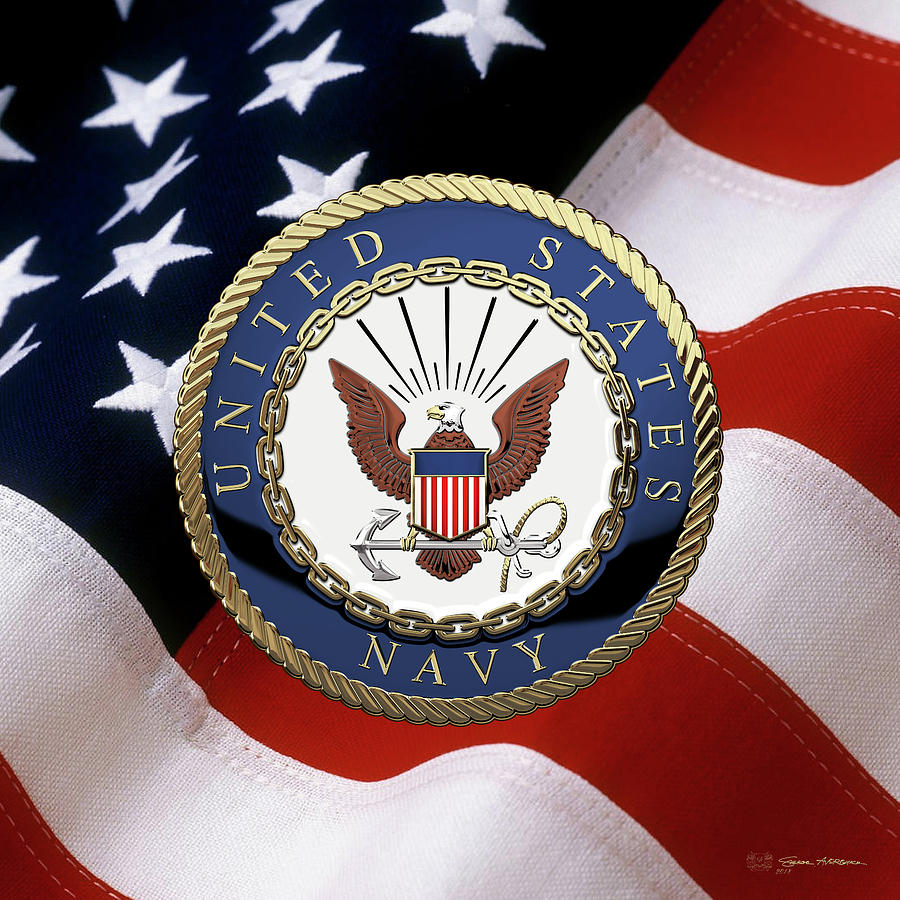 Military Digital Art - U. S.  Navy  -  U S N Emblem over American Flag #1 by Serge Averbukh