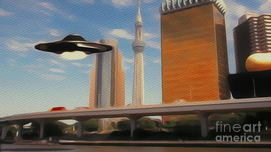 Ufo Over City Painting