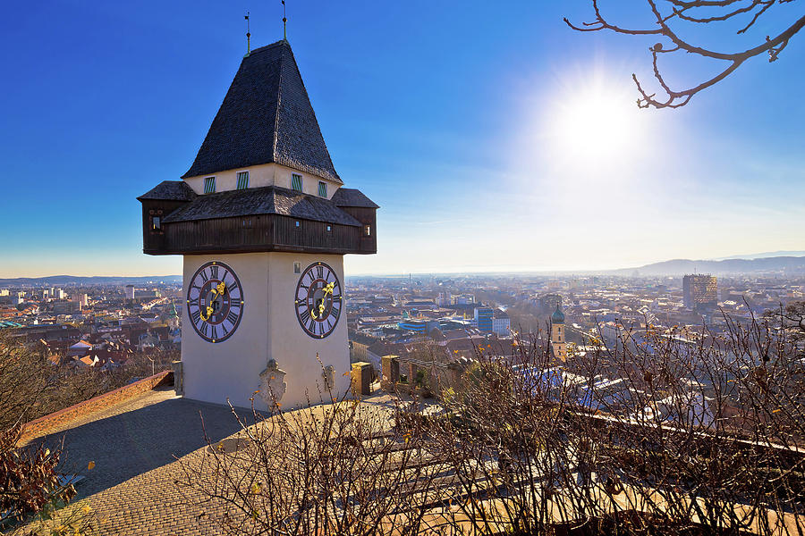 Uhrturm landmark and Graz cityscape aerial view #1 Photograph by Brch Photography