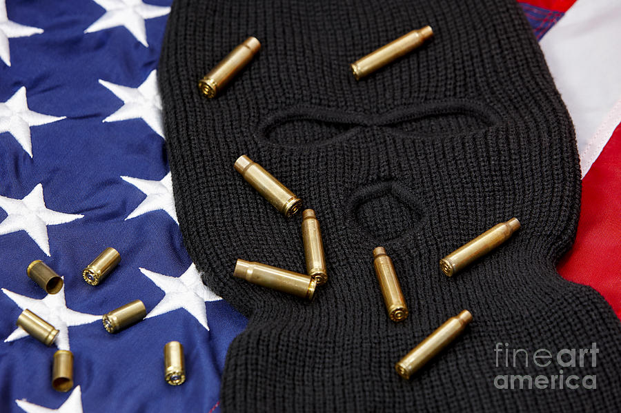 Flag Photograph - Various Empty Shell Casings Lying On Balaclava And United States Of America Flag #1 by Joe Fox