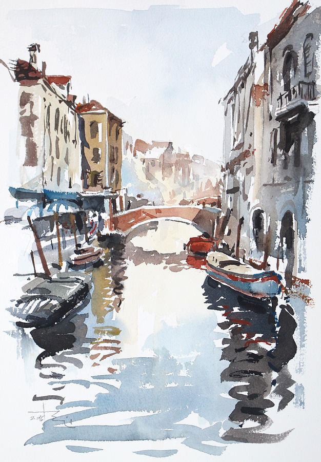 Venice Canal with Barges #1 Painting by Tony Belobrajdic