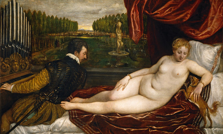 Titian Painting - Venus with an Organist and a Dog #1 by Titian