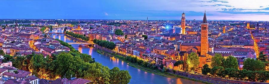 Verona old city and Adige river panoramic aerial view at evening #1 Photograph by Brch Photography