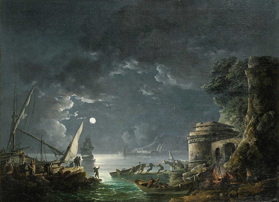 View of a Moonlit Mediterranean Harbor #1 Painting by Carlo Bonavia