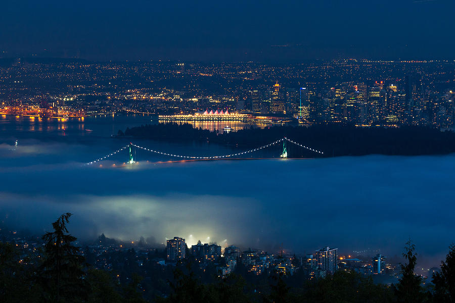 View of Lions Gate Bridge and Vancouver in the Fog Photograph by Michael Russell
