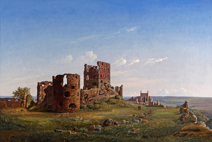 View of the ruined castle of Hammershus #2 Painting by Ferdinand Richardt