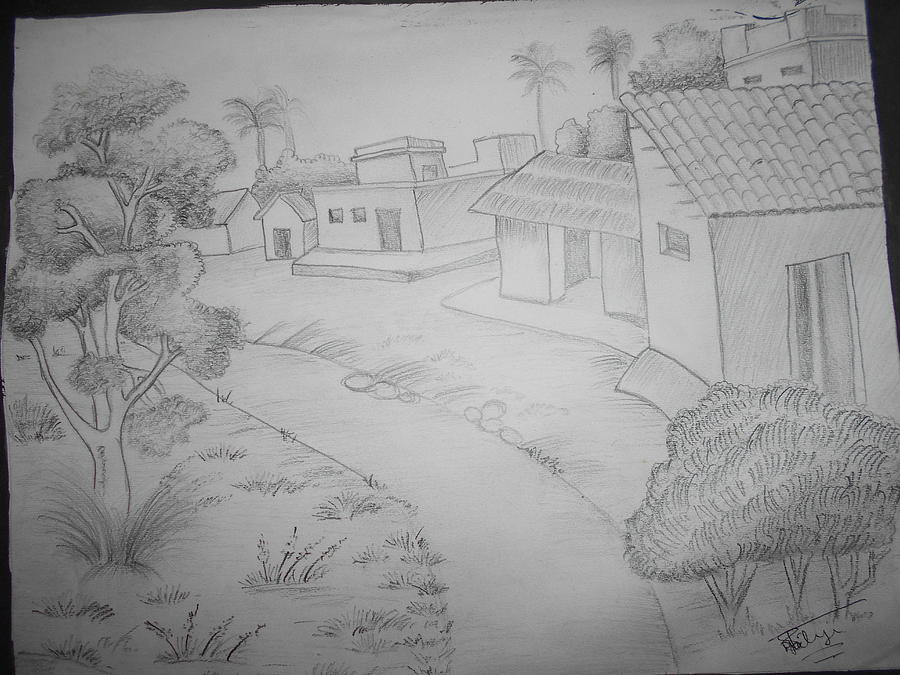 Village scenery Drawing Easy by HutumSchool on DeviantArt