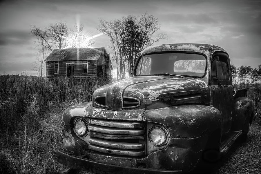 Vintage Classic Ford Pickup Truck In Black And White Photograph by Debra and Dave Vanderlaan