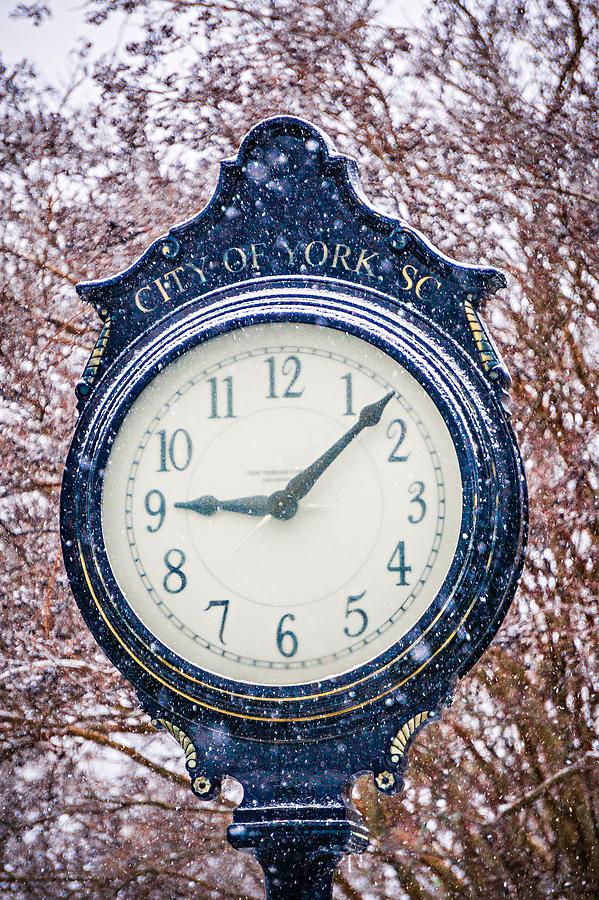 Vintage Historic Street Clock With Snow Falling In Winter #1 Photograph by Alex Grichenko