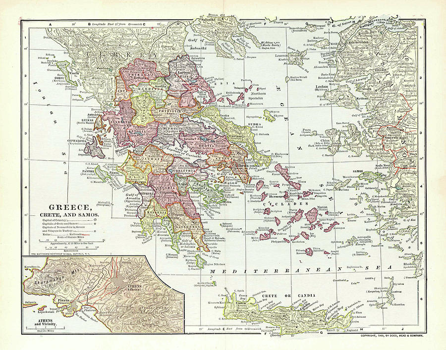 Vintage Map Of Greece - 1903 Drawing