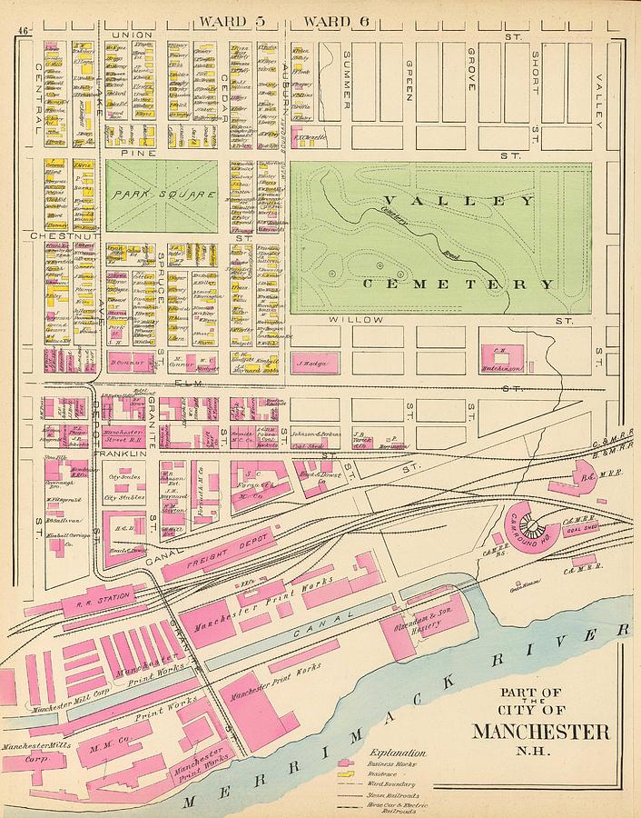 Vintage Map of Manchester NH - 1892 Drawing by CartographyAssociates ...