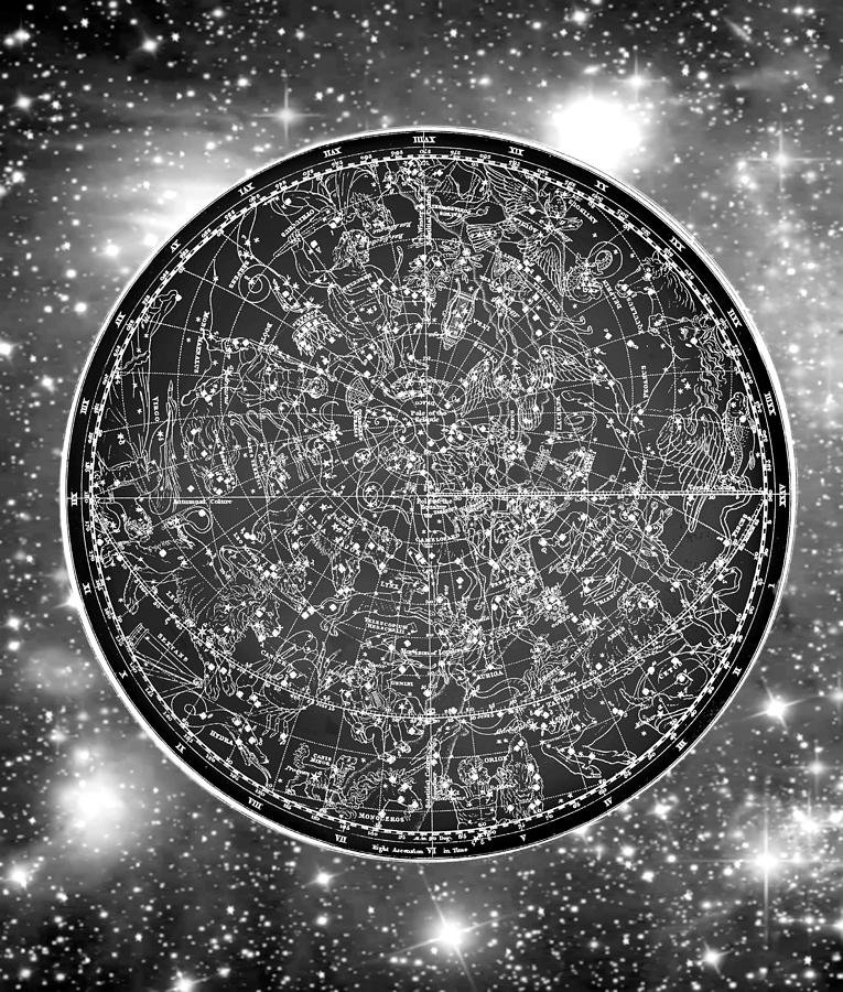 Vintage Zodiac Map - Black And White Digital Art