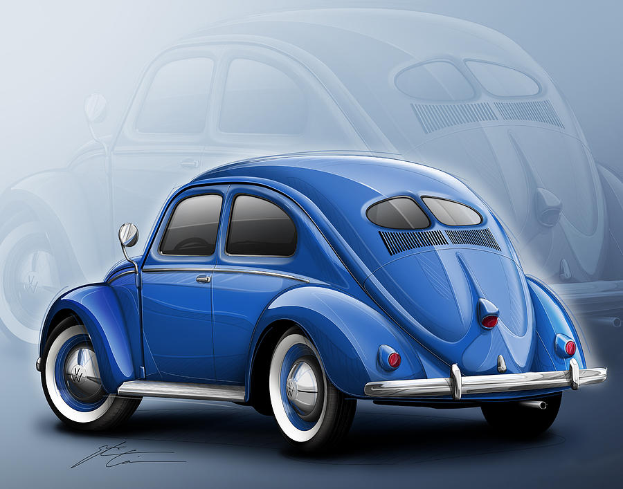 Car Digital Art - Volkswagen Beetle VW 1948 Blue by Etienne Carignan