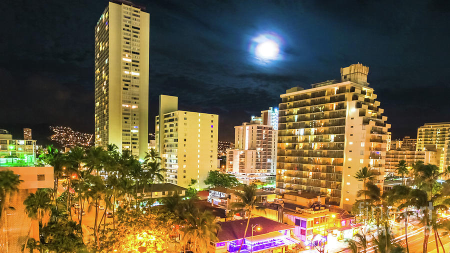 Waikiki Moonlight Aerial View #1 Photograph by Benny Marty