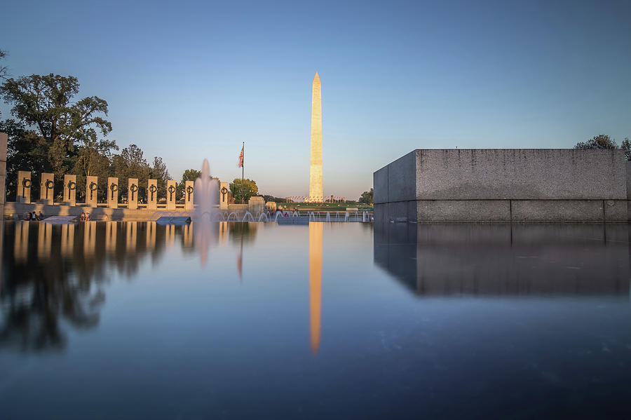 Washington Memorial Tower Reflecting In Reflective Pool At Sunse #1 Photograph by Alex Grichenko