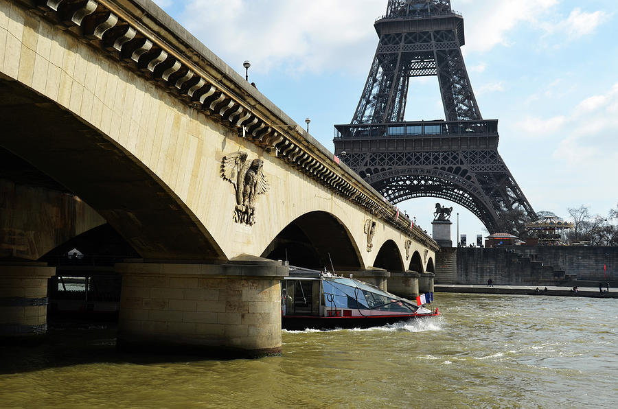 Water Taxi Boat Under Pont dLena Bridge with Eiffel Tower Paris France Black and White #1 Photograph by Shawn OBrien
