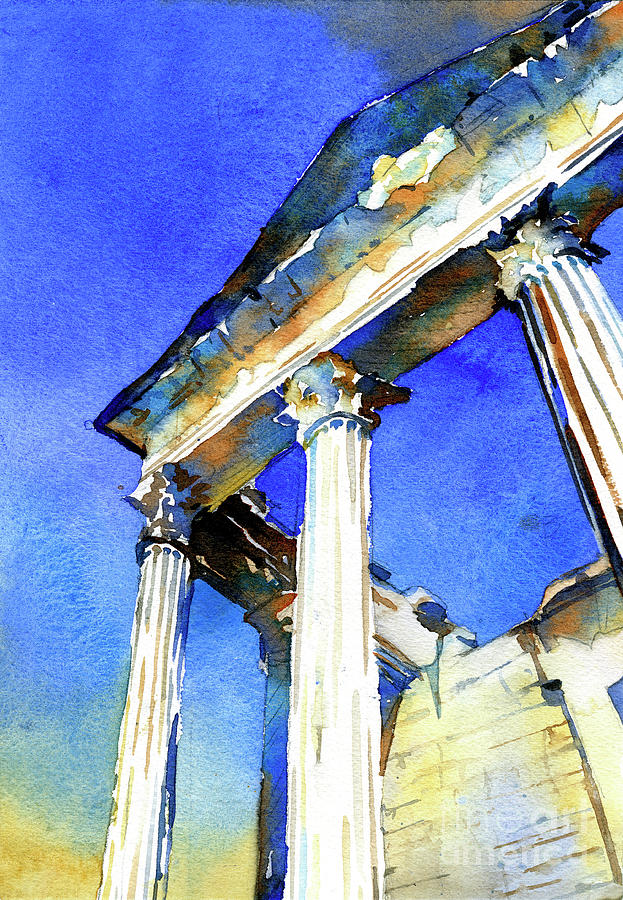 Watercolor painting of Roman temple at the ruins of Dougga in Tu #1 Painting by Ryan Fox
