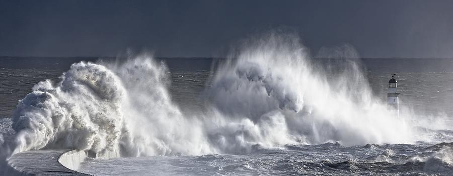 Landscape Photograph - Waves Crashing On Lighthouse, Seaham #1 by John Short