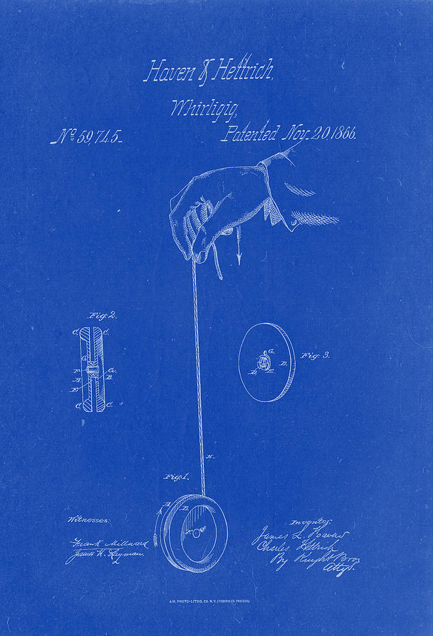 Vintage Drawing - Whirligig Yo-Yo Patent Drawing 1866 #1 by Patently Artful