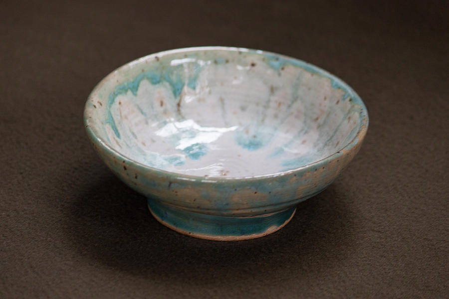 White Ceramic Bowl with Turquoise Blue Glaze Drips #2 Ceramic Art by Suzanne Gaff