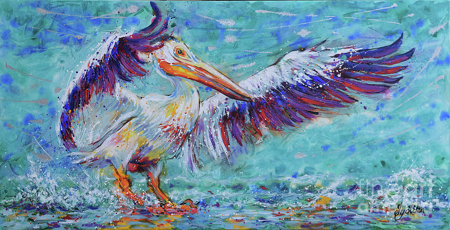 White Pelican Splendid Landing Painting by Jyotika Shroff