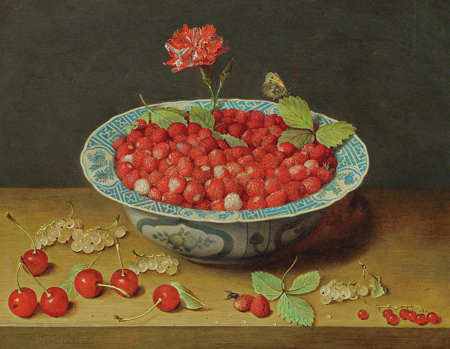 Wild Strawberries and a Carnation in a Wan-Li Bowl #2 Painting by Jacob van Hulsdonck