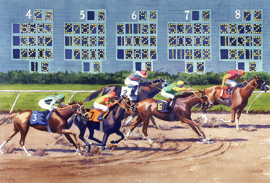 Win Place Show at Del Mar #1 Painting by Mary Helmreich