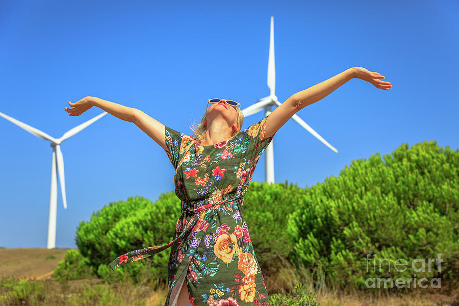 Wind turbines woman #1 Photograph by Benny Marty