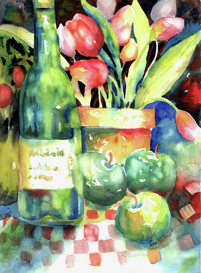 Wine And Tulips #1 Painting by Ann Nicholson