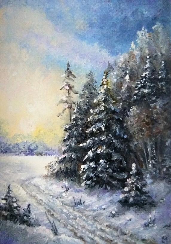 Winter aceo original painting Painting by Natalja Picugina - Fine Art ...