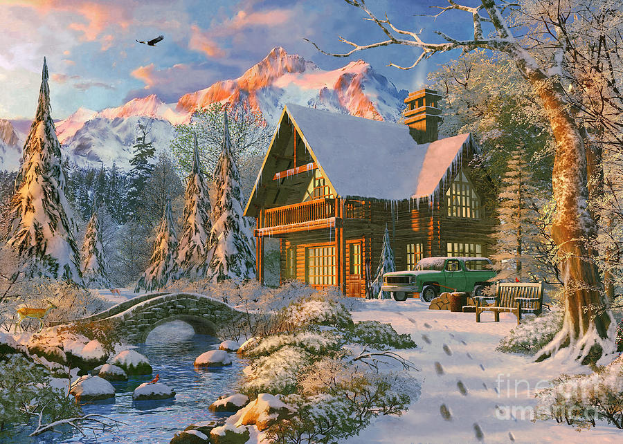Deer Digital Art - Winter Holiday Cabin #1 by MGL Meiklejohn Graphics Licensing