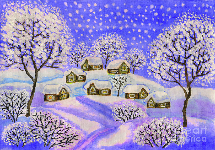 Winter landscape in blue colours, painting #1 Painting by Irina Afonskaya