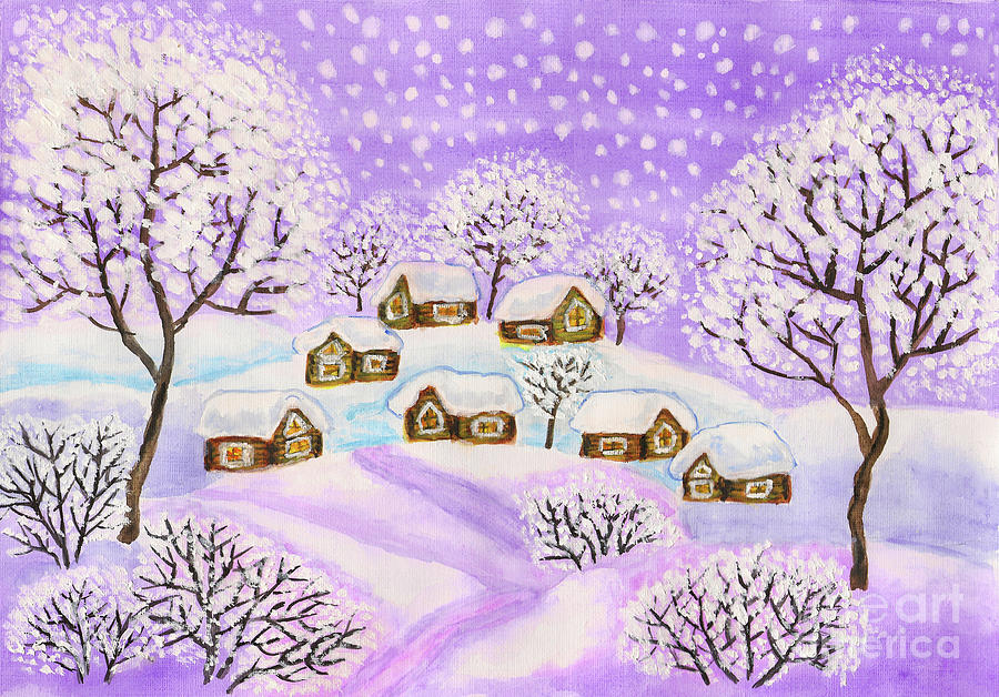Winter landscape in purple colours, painting #1 Painting by Irina Afonskaya
